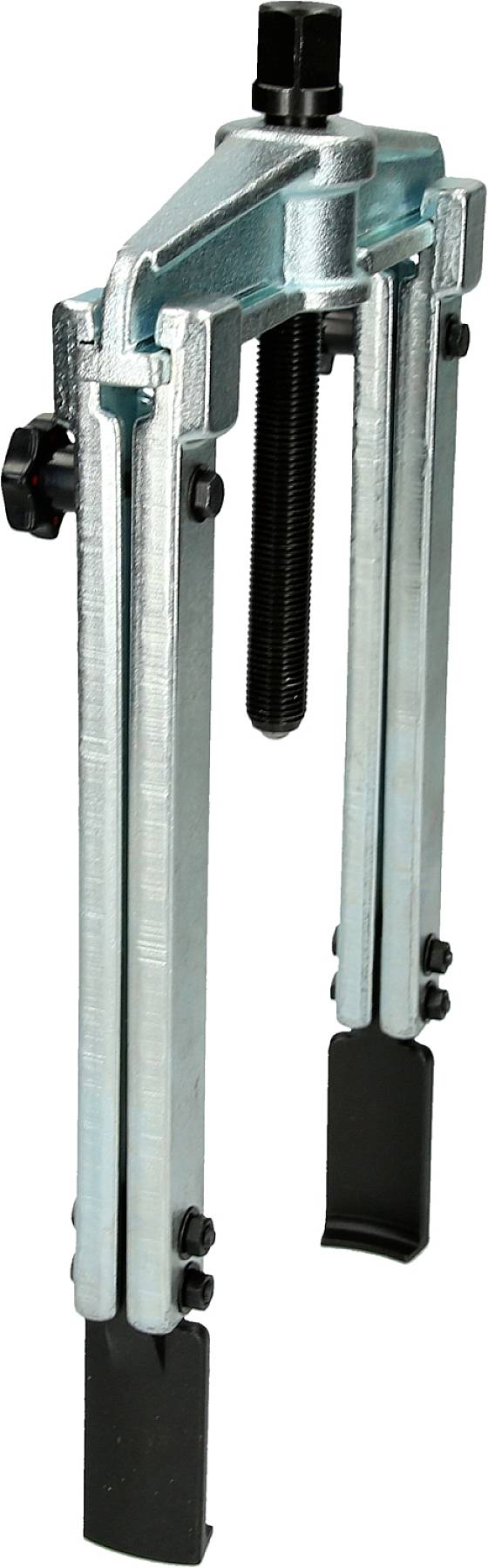 Třínohý stahovák z kovu s černou rukojetí a závitovou tyčí. Používá se ke stahování ložisek nebo ozubených kol.