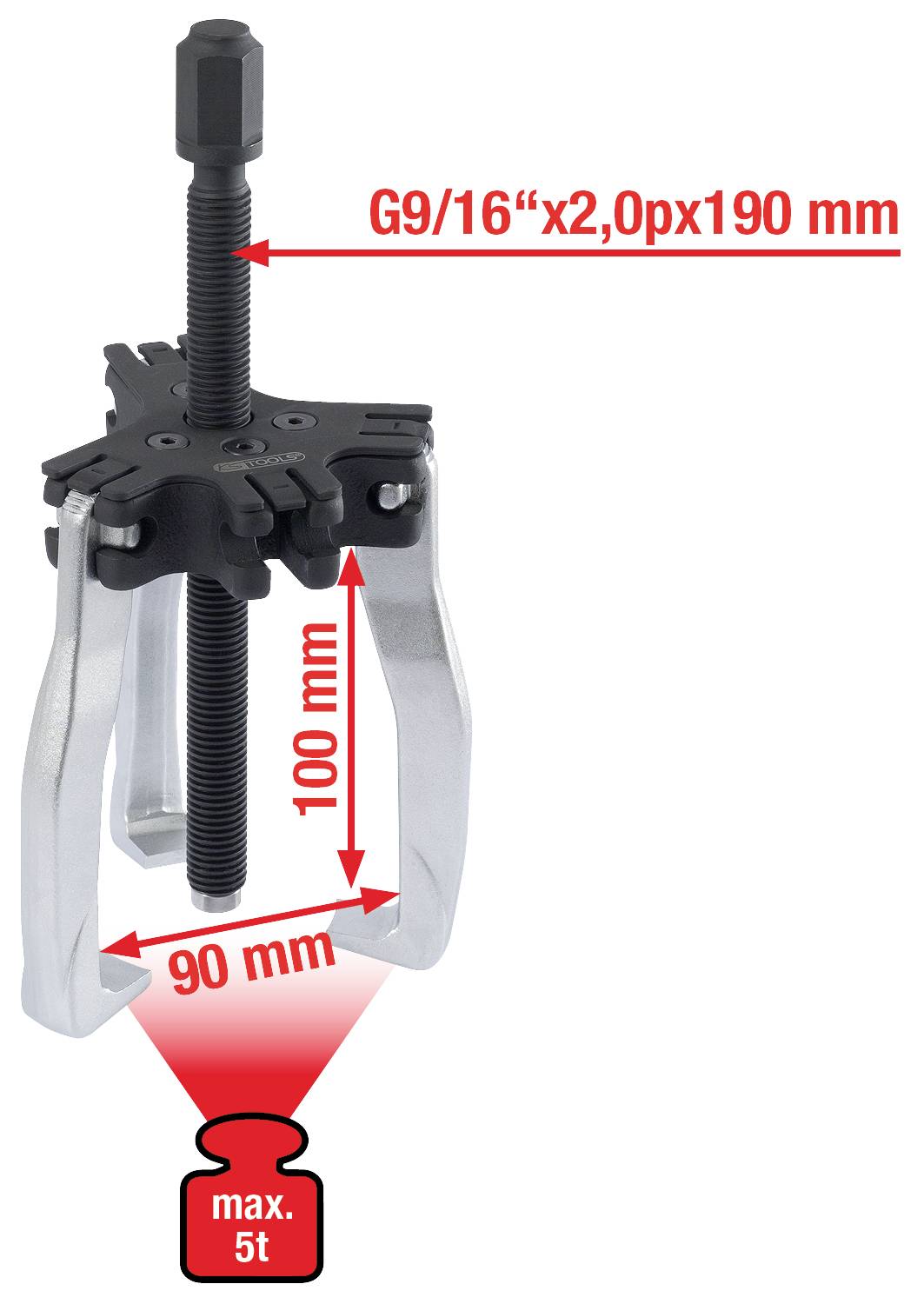 Stahovák s rozsahem 90 mm, max. tahem 100 mm, maximálním zatížením 5 tun. Šroub G9/16" x 2,0 x 190 mm.