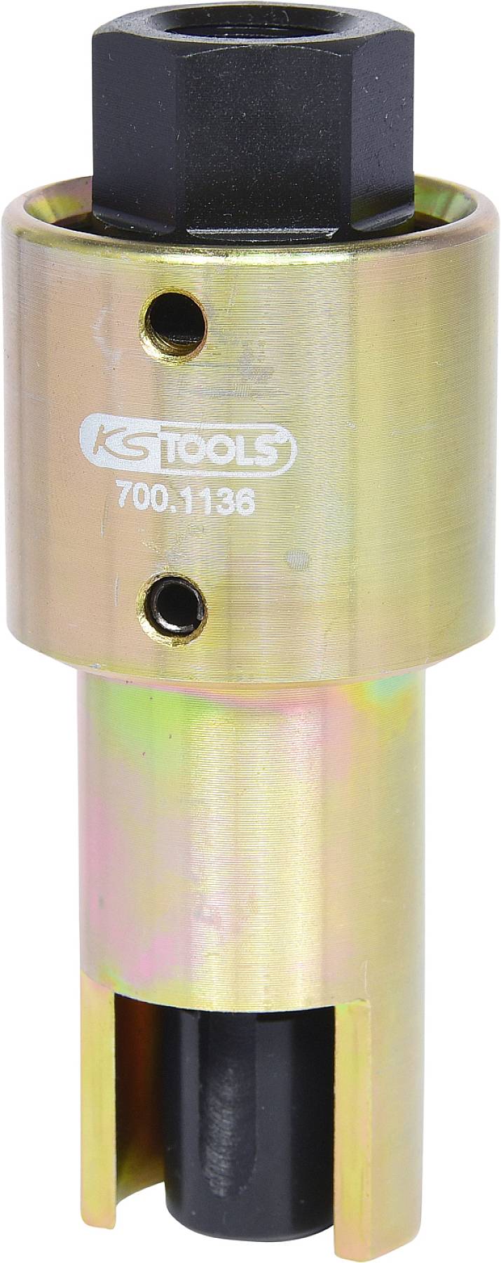 Zlatý nástroj s nápisem 'KS Tools 700.1136', pravděpodobně speciální adaptér nebo nástrčný klíč válcovitého tvaru.