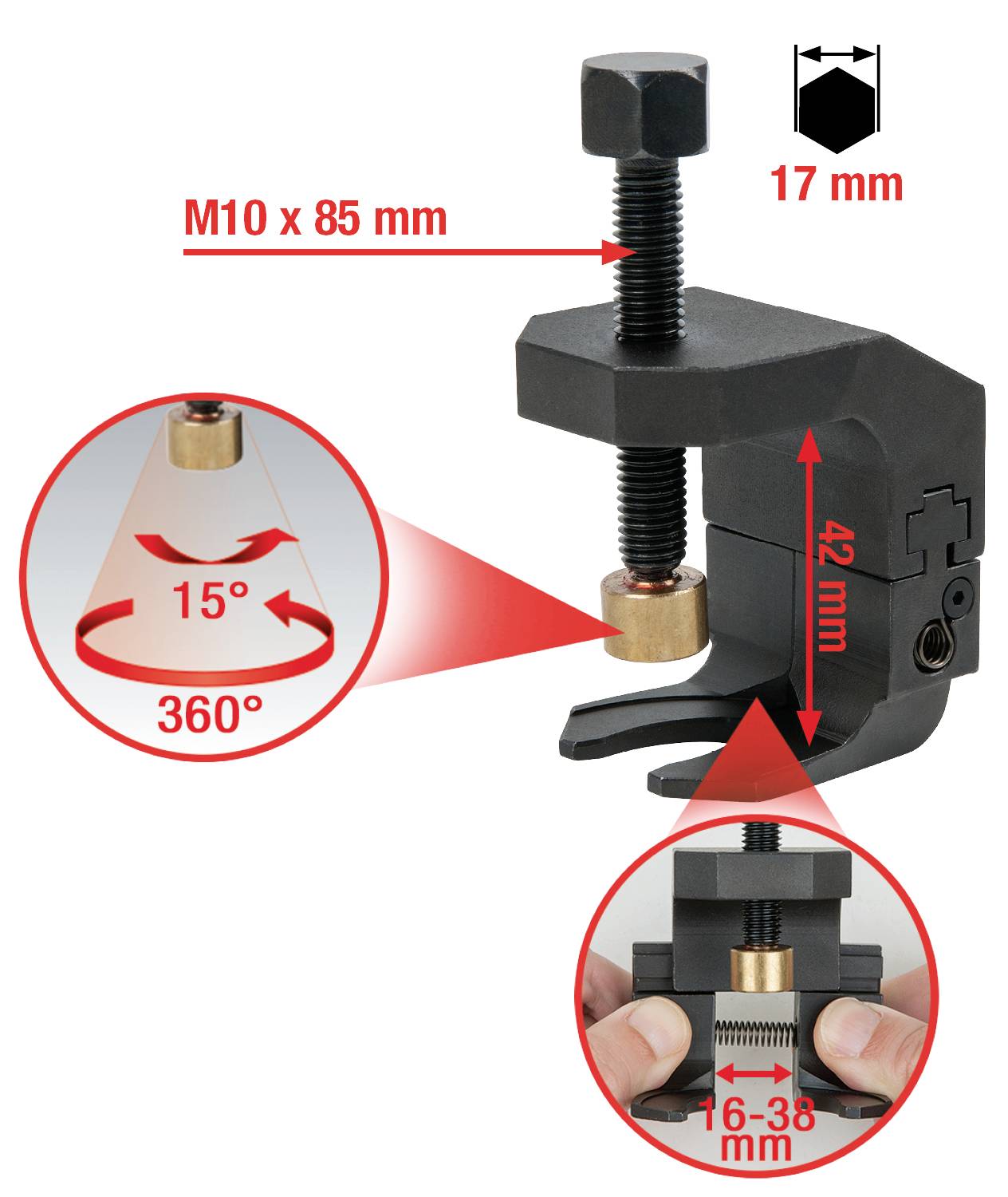 Svorka s M10 x 85 mm šroubem a 42 mm blokem. Podporuje zatížení pod úhlem 15°, 360° úhel. Nastavitelnost mezi 16-38 mm.