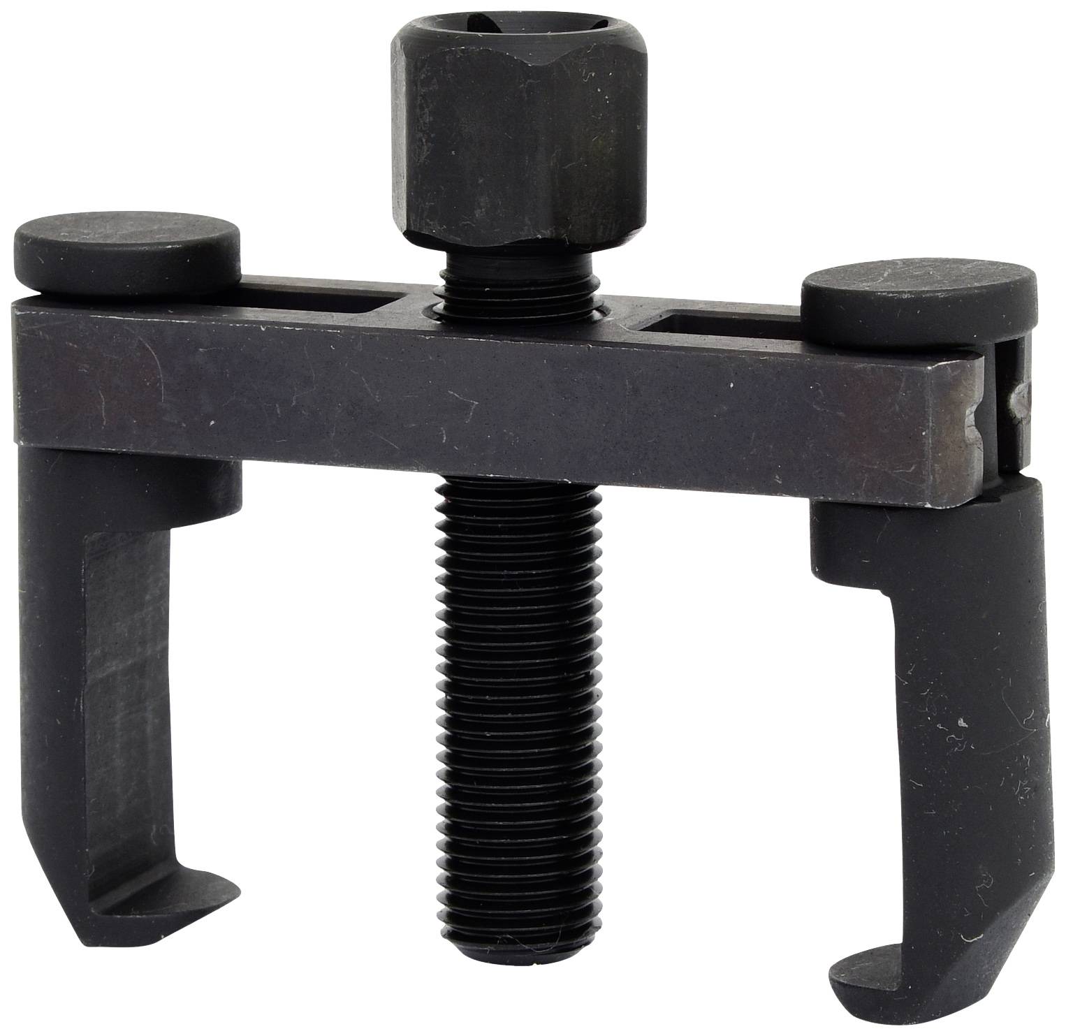 Černý stahovák se dvěma rameny a centrálním šroubovým mechanismem určený k demontáži ložisek nebo ozubených kol.