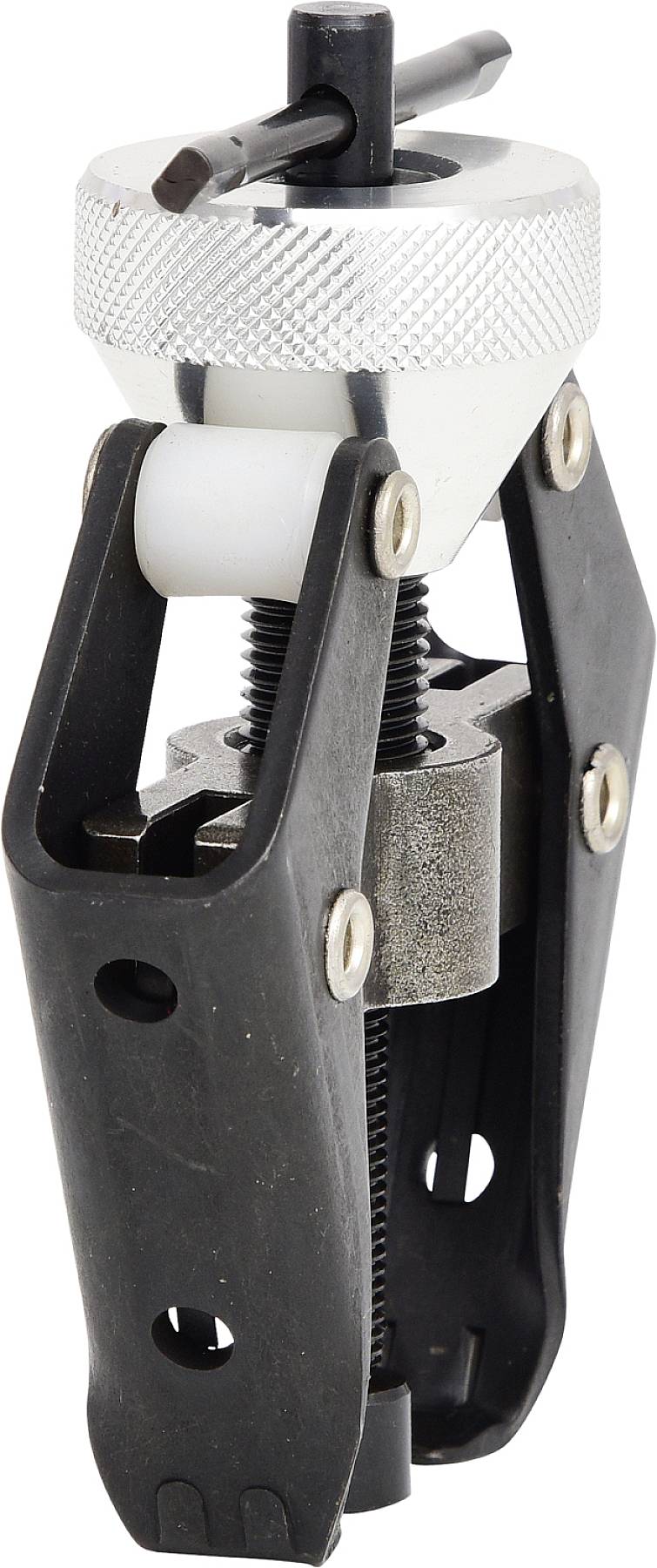 Černostříbrný hodinářský nástroj na vyjímání řemínkových kolíků s nastavitelným pákovým mechanismem a kovovým držadlem.