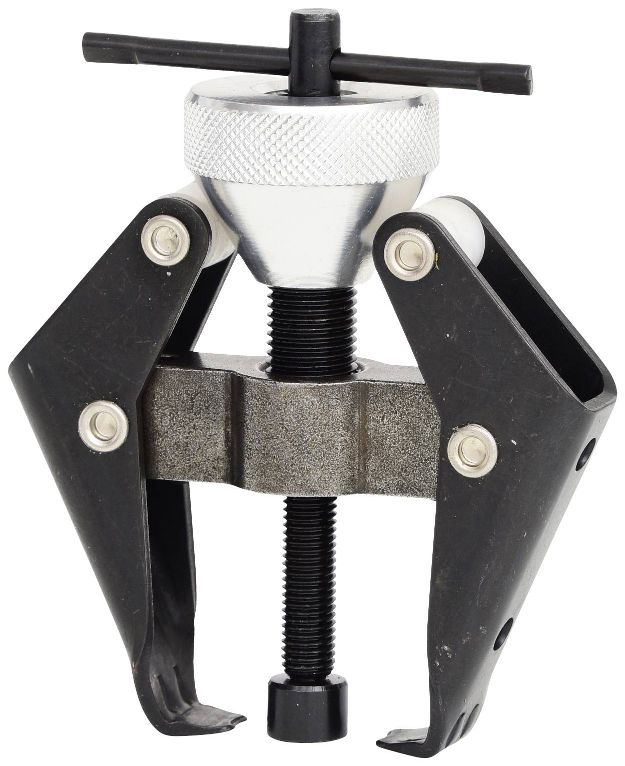 Černý stahovák se stříbrnou rukojetí, používaný k odstraňování součástí, skládající se ze dvou ramen a centrálního šroubu.