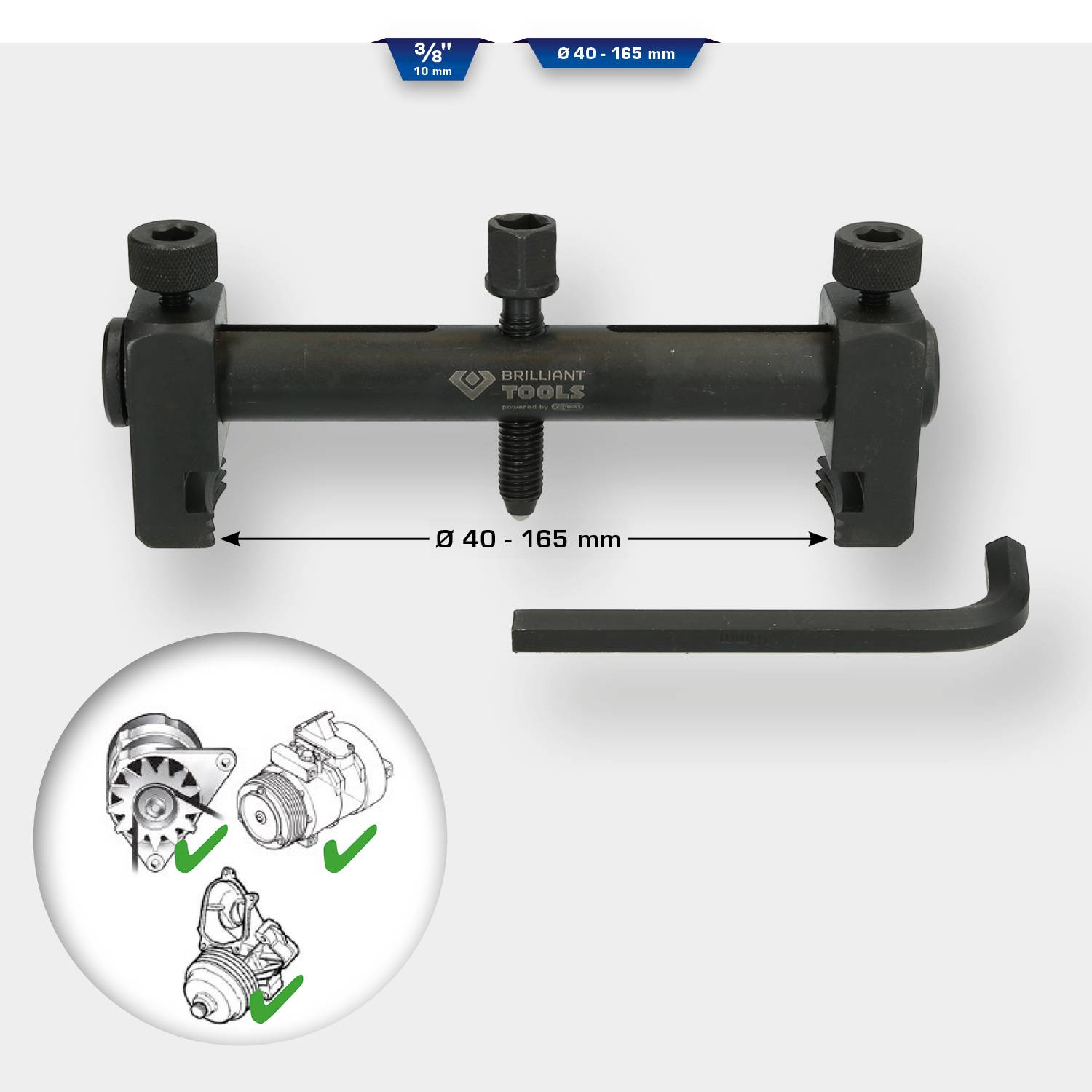 "Mechanický stahovák" ukazuje nástroje pro demontáž součástí, rozsah průměru 40-165 mm, s obrázky kompatibilních dílů.