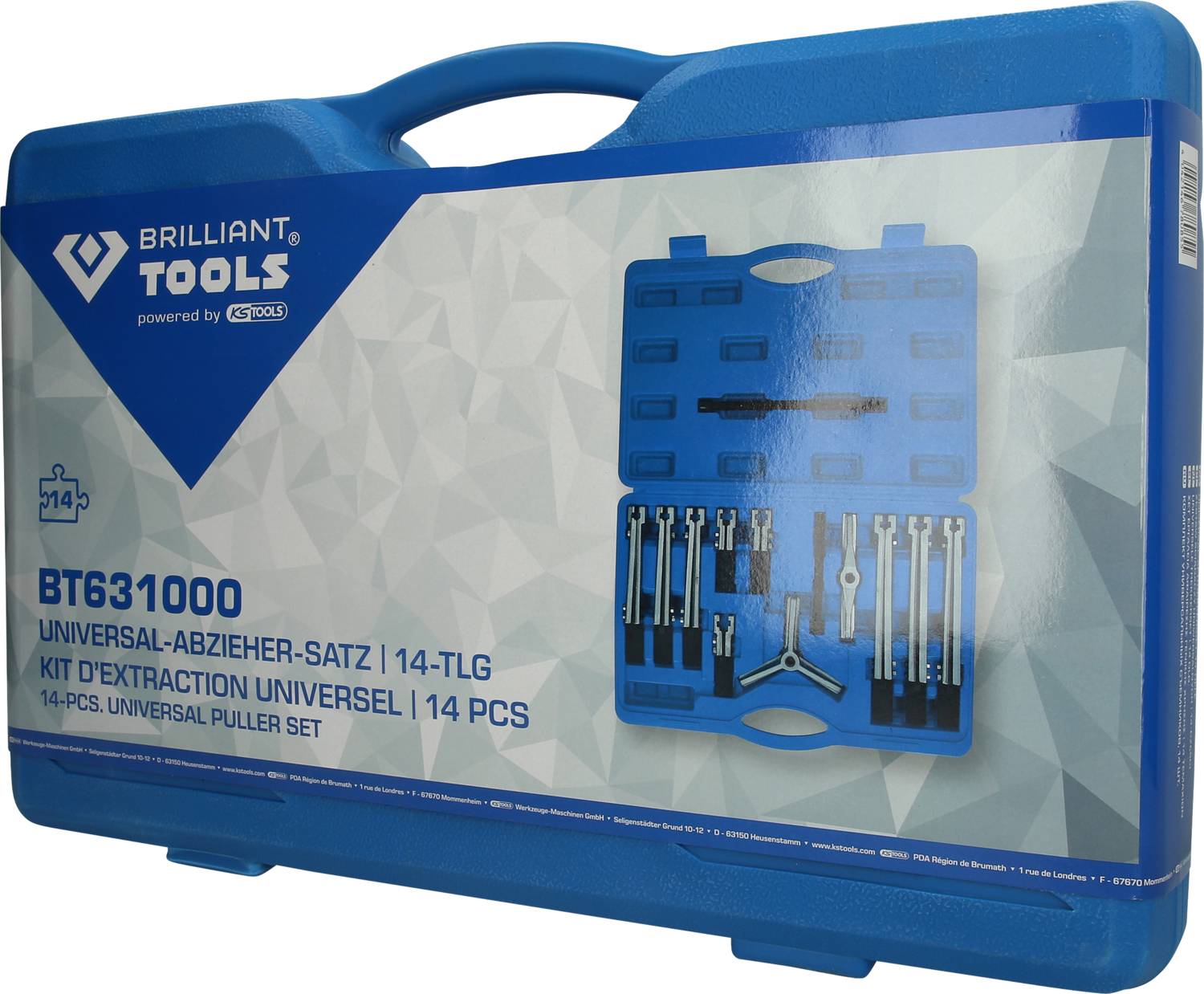 Modrý kufřík na nářadí s nápisem 'Brilliant Tools BT631000 Sada univerzálních stahováků 14 dílů'