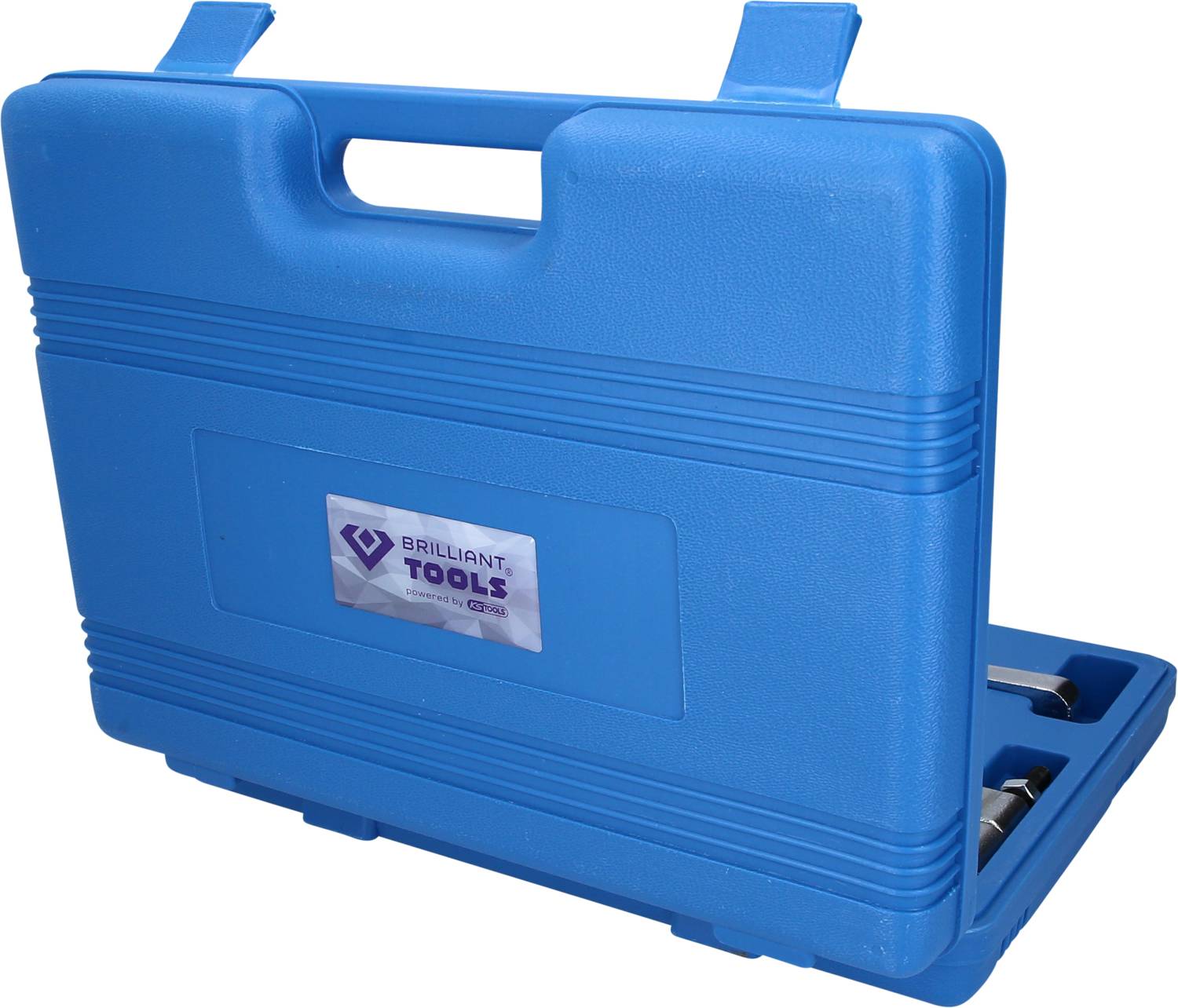 Modrý plastový kufřík s rukojetí, uzavřený, s logem značky 'Brilliant Tools' na boku. Ideální pro uchovávání nářadí.