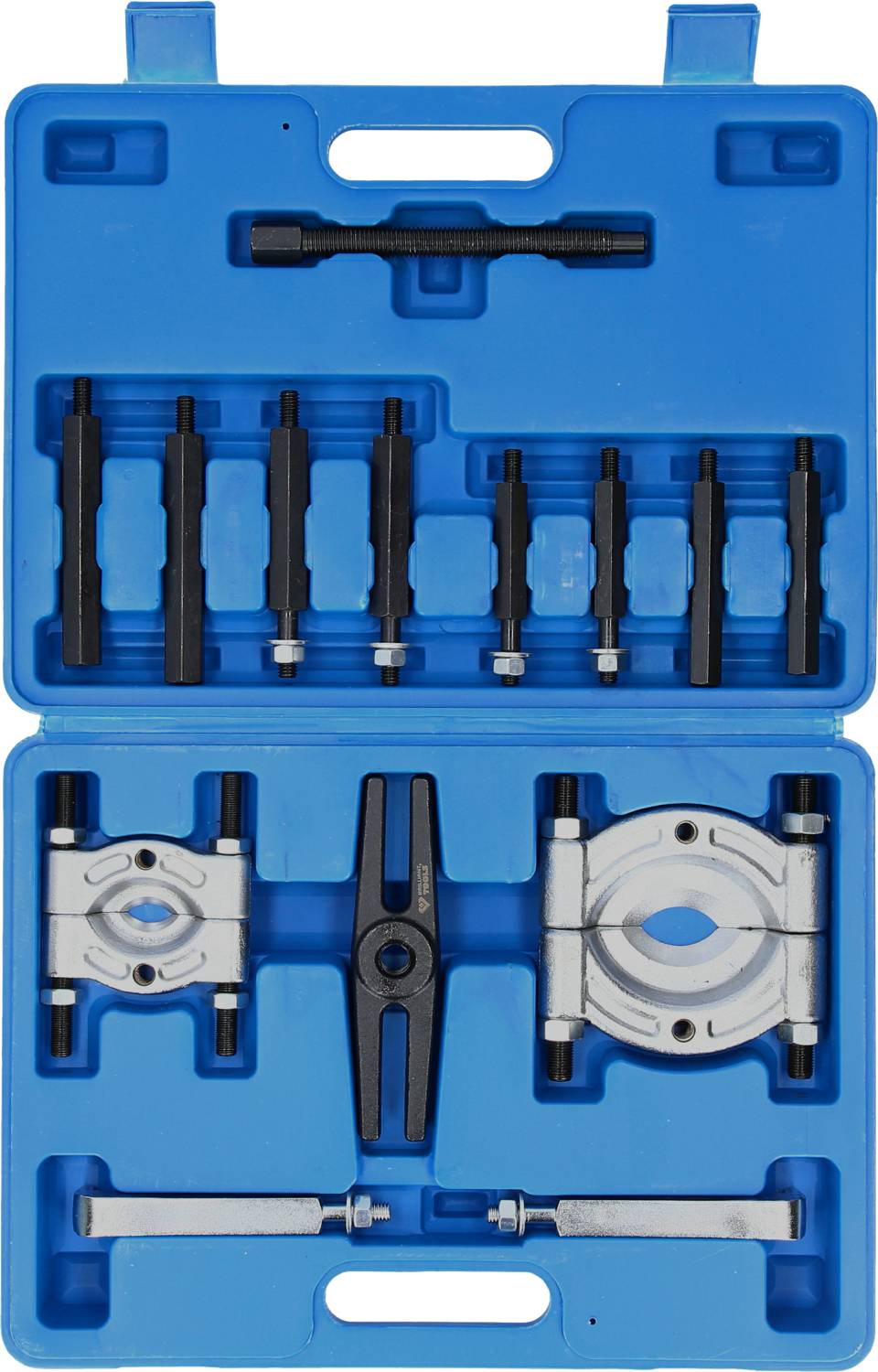 Modrý kufřík na nářadí s různými nástroji: stahovák, šroubovákové nástavce, úchyty. Nářadí pečlivě uspořádáno.