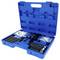 Modrý plastový kufřík obsahující sadu na vytahování ložisek, včetně dvou stříbrných vytahovačů, několika černých tyčí a pečlivě uspořádaných šroubů uvnitř.