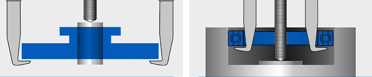 Dva diagramy znázorňují schémata pouzdra se svěrkou. Vlevo uzavřené, vpravo otevřené. Šrouby a části pouzdra jsou zřetelně viditelné.