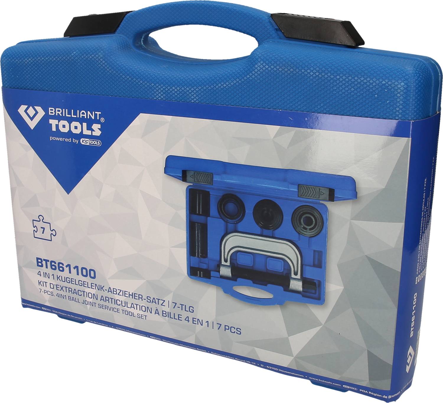 Modrý kufřík na nářadí značky Brilliant Tools, model BT661100, obsahuje sadu stahovače s kloubovým kloubem o 7 dílech.