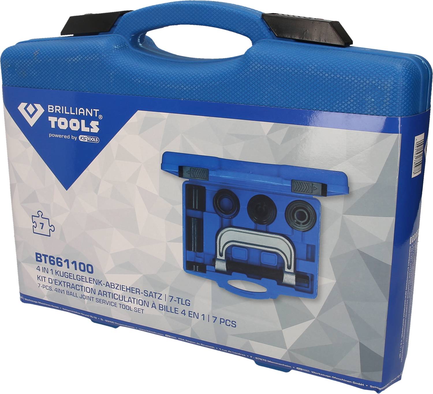 Modrý kufřík na nářadí od Brilliant Tools s potiskem '4 V 1 SADA VYTAHOVAČE KULOVÝCH KLOUBŮ | 7-DÍLNÁ'. Obsahuje nářadí.