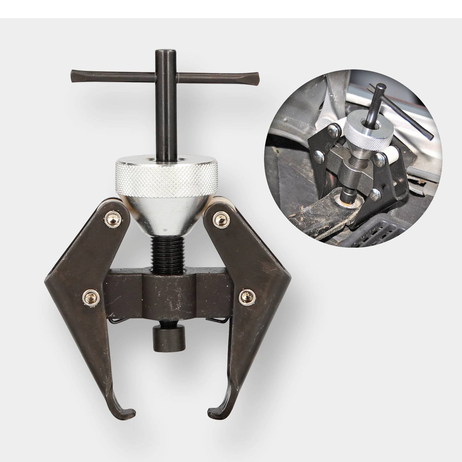 Stahovací nástroj s T-rukojetí a šroubovým mechanismem je zobrazen. Na detailním obrázku je nástroj při použití.