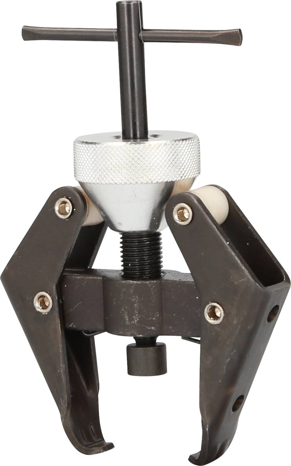 Mechanický stahovák se třemi rameny a šroubovým úchopem určený pro demontáž ložisek nebo pouzder v strojírenských aplikacích.