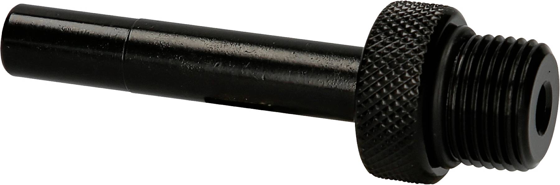 Černá kovová součástka s válcovým dříkem a vroubkovaným šroubovým uzávěrem, používaná pro mechanické spoje.