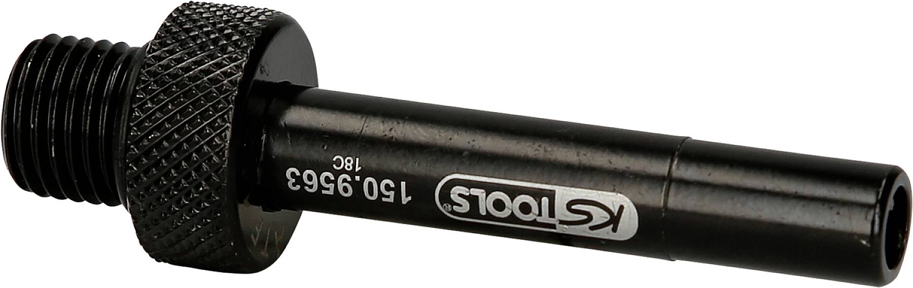 Černý nástroj KS Tools s vroubkovanou rukojetí a závitem, modelové číslo '150.9353'. Používá se pro technické aplikace.