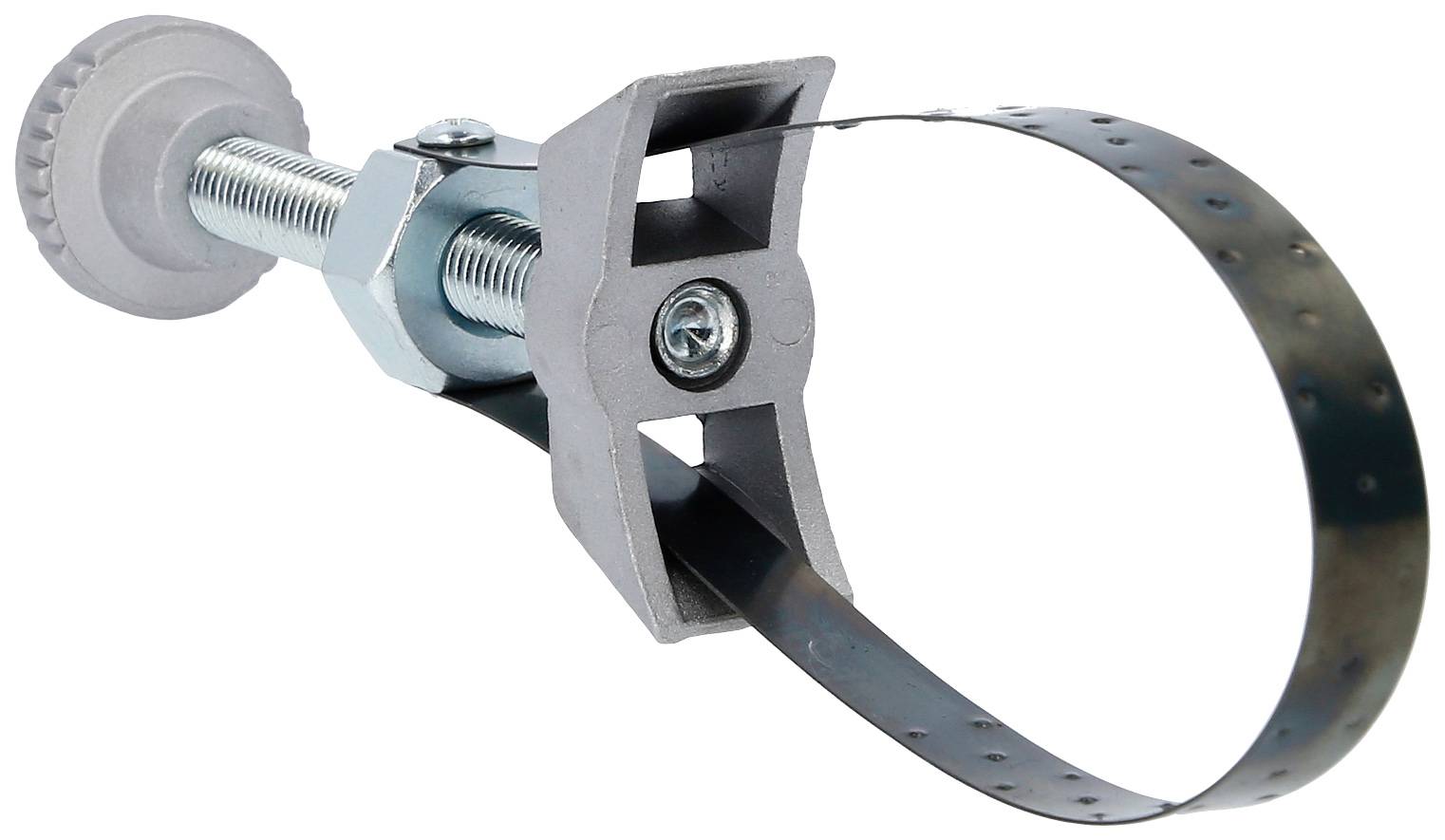 Kovový nástroj se šroubovým mechanismem a flexibilní kovovou smyčkou, pravděpodobně určený k upevňování nebo svírání předmětů.