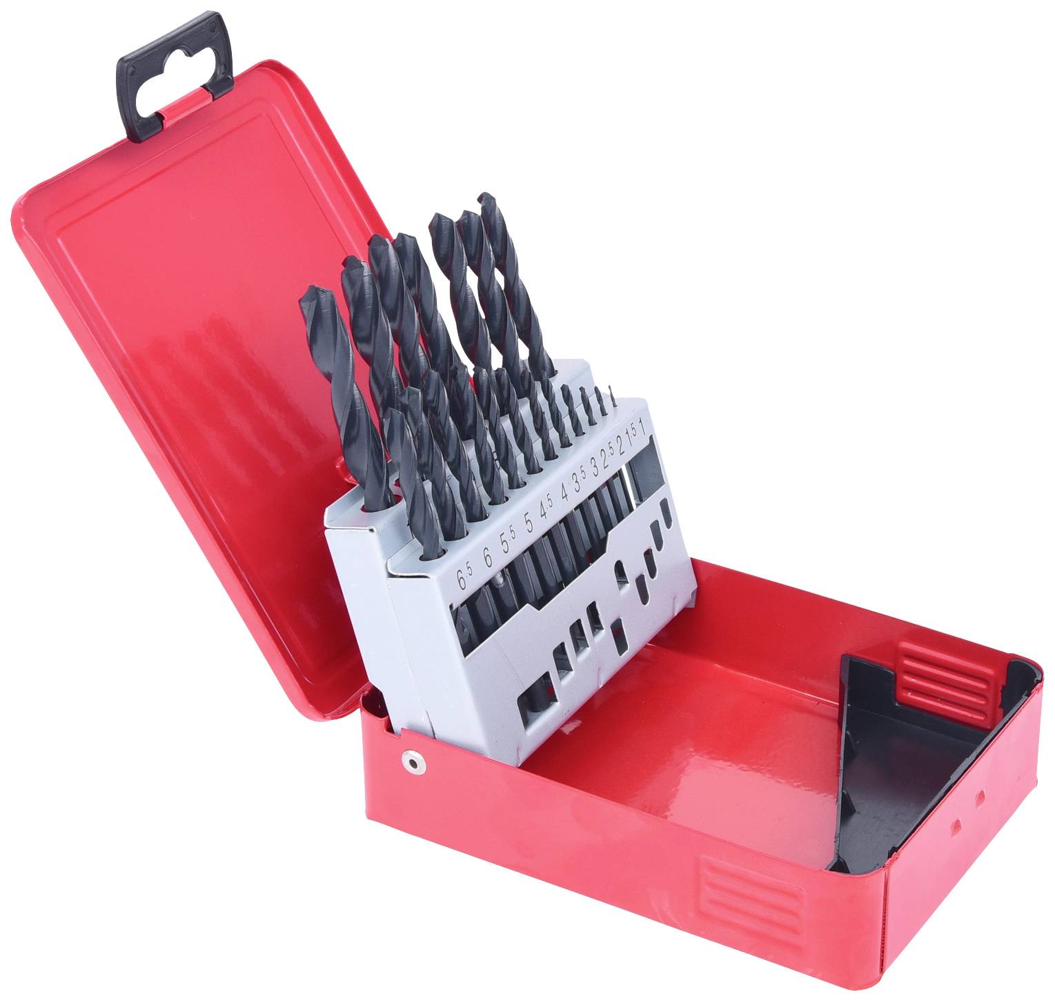 Sada vrtáků různých velikostí v otevřené červené krabici.