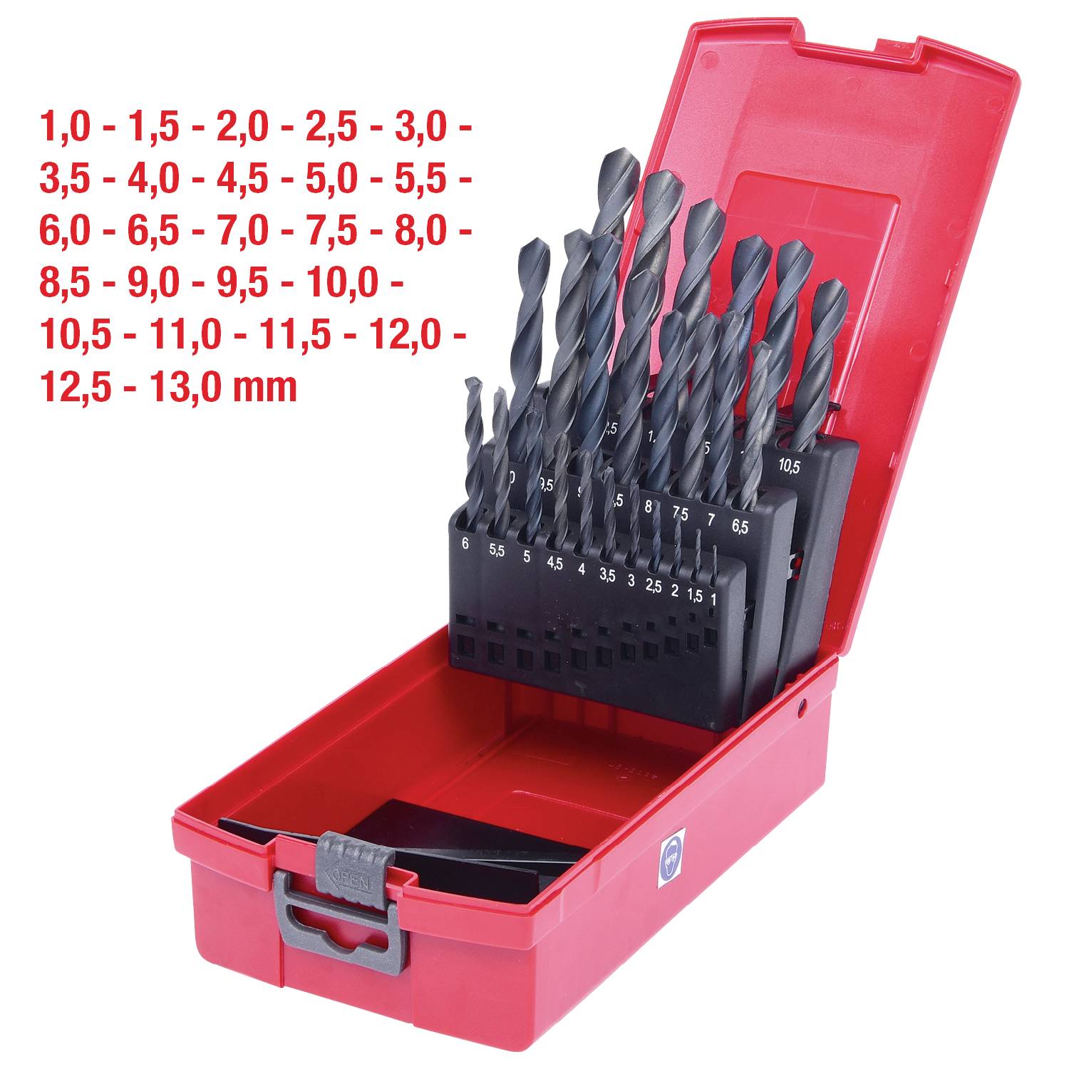 Červená sada vrtáků v kufříku s různými velikostmi vrtáků od 1,0 do 13,0 mm, prezentovaná v otevřeném stavu.
