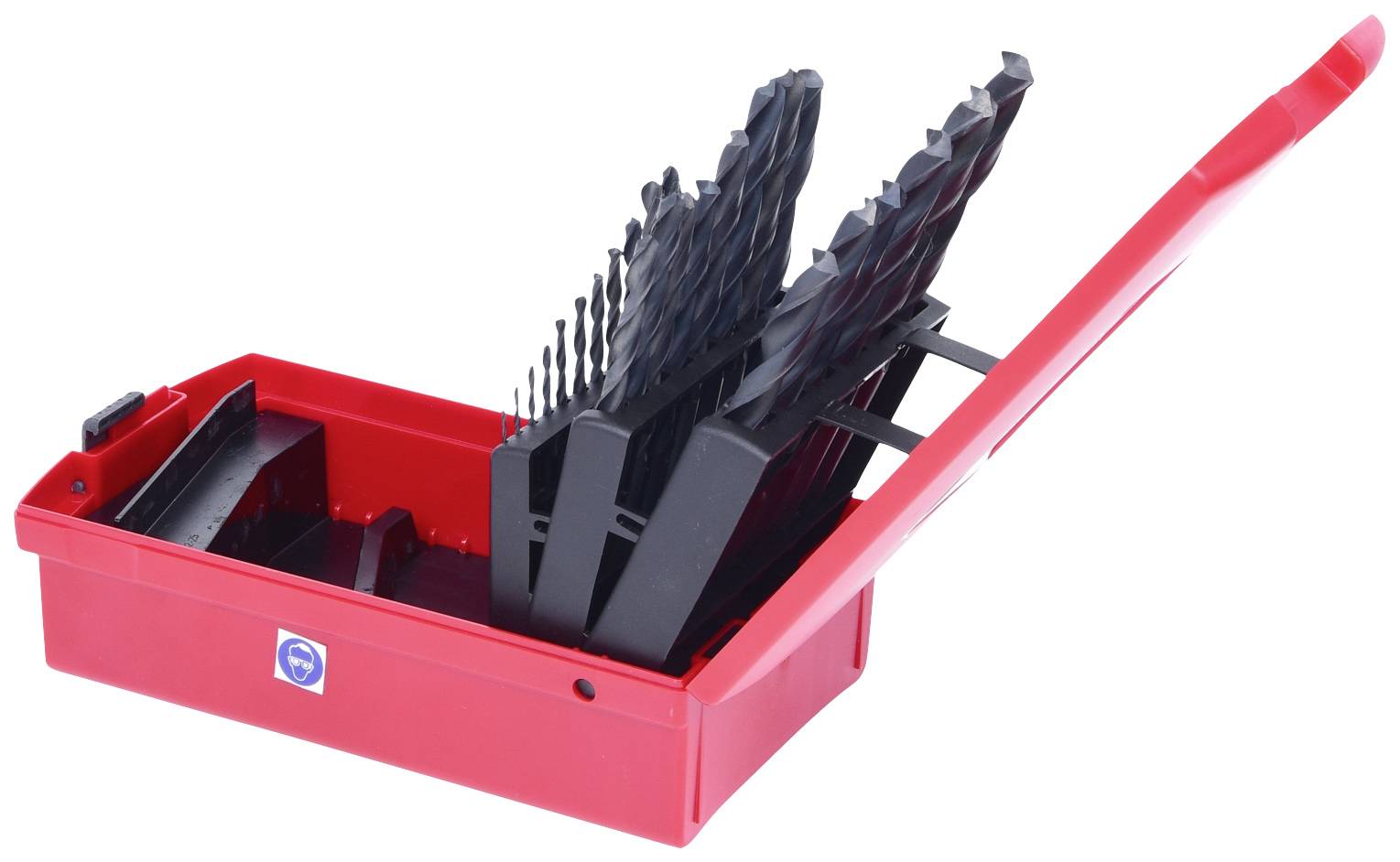 Červený Box na nářadí s otevřeným víkem, obsahující různé vrtáky v různých velikostech, svisle uspořádané.