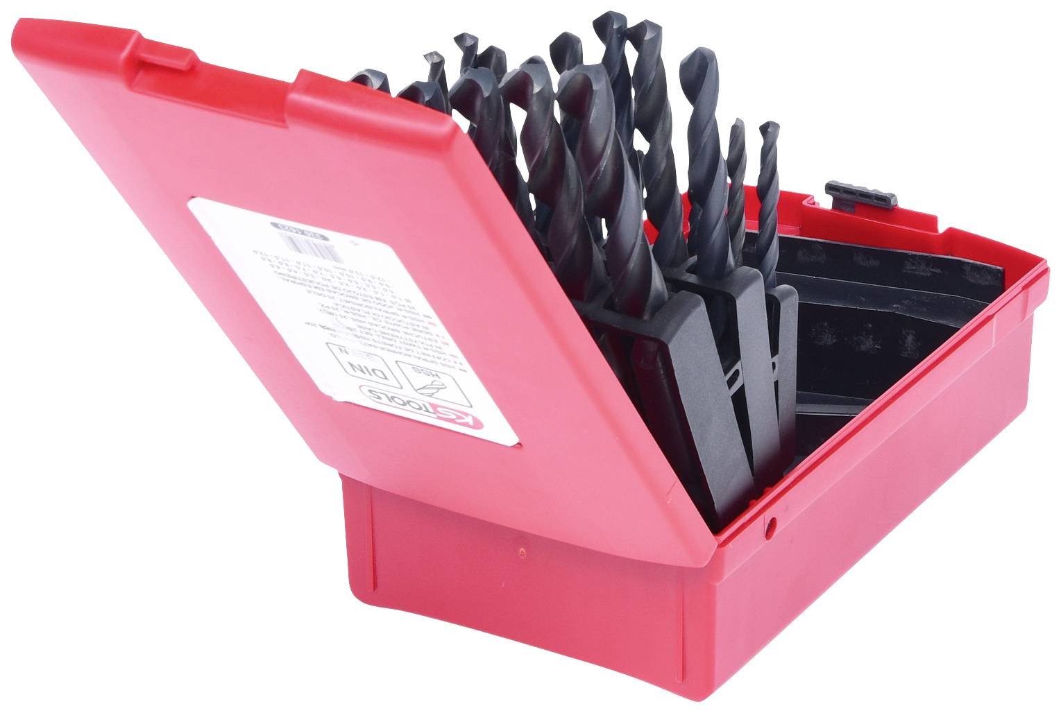 Červený kontejner s otevřeným víkem, naplněný různými černými vrtáky, které jsou uspořádaně umístěné uvnitř.