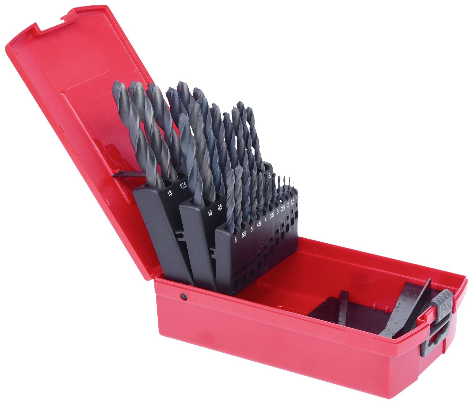Červený kufřík s vrtáky různých velikostí, uspořádaný ve vložce, stojící vzpřímeně.