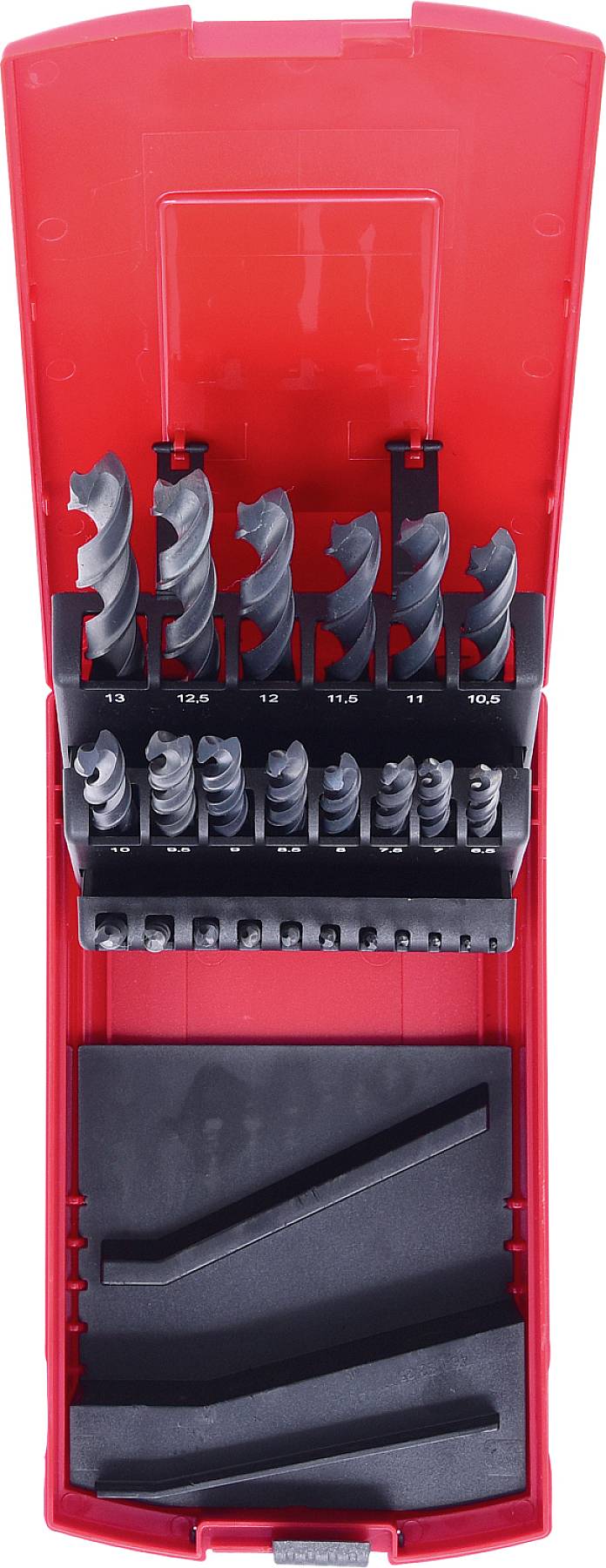 Červený, sklopný obal s různými spirálovými vrtáky uspořádanými ve dvou řadách. Velikosti jsou vyznačeny od 10,5 do 12,5 mm.