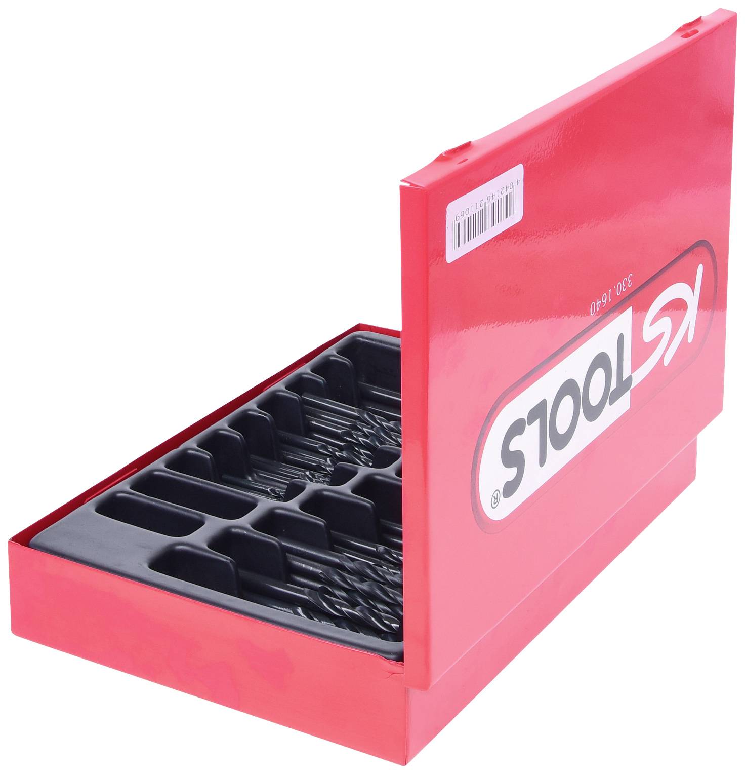 Červený plastový box s logem 'KS TOOLS', obsahující sadu šroubů nebo vrtáků ve vložkách z pěnové hmoty. Víko je otevřené.