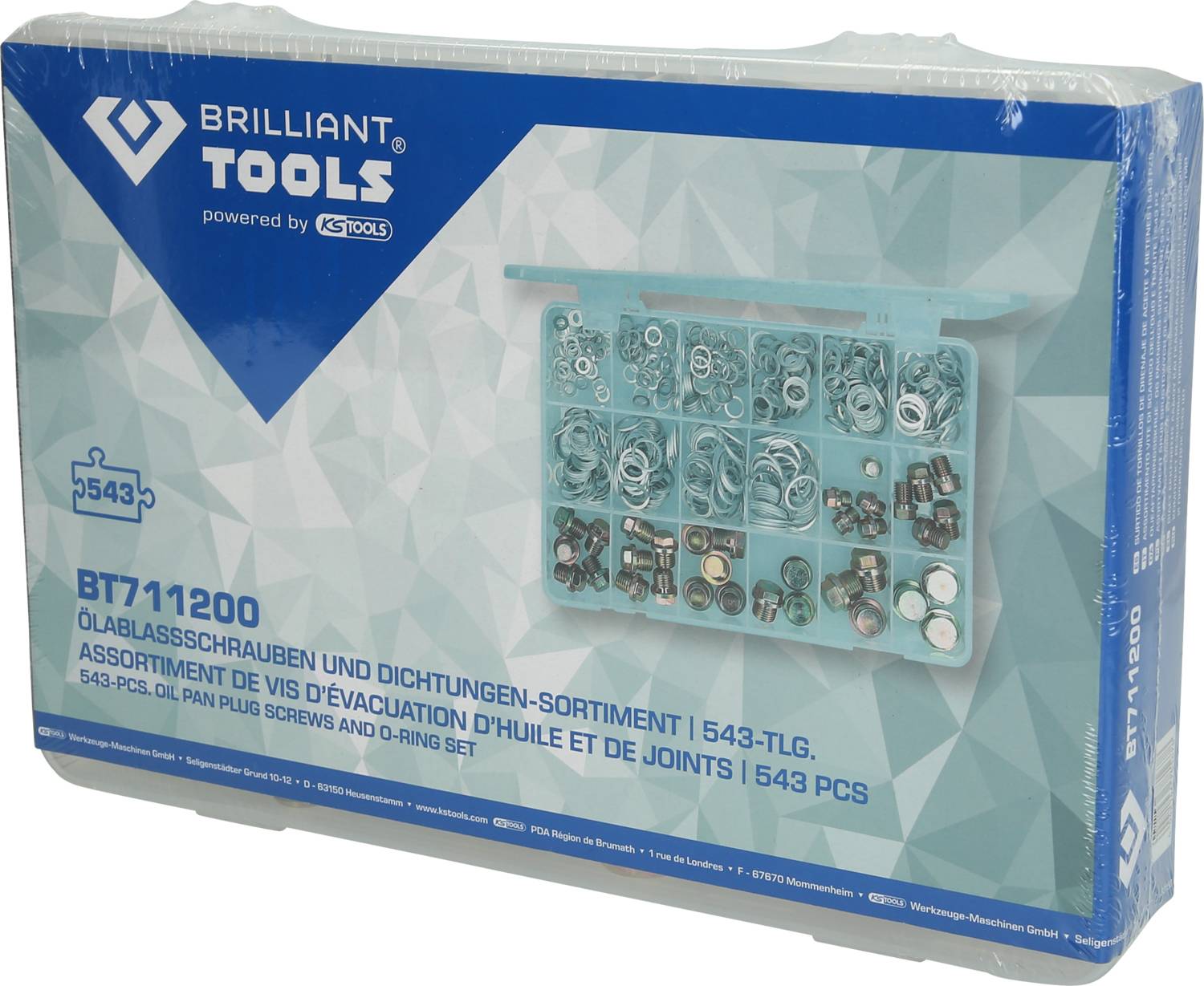 Modro-bílý obal od 'Brilliant Tools'. Obsahuje 543-dílnou sadu výpustných šroubů a těsnění. Model: BT711200.