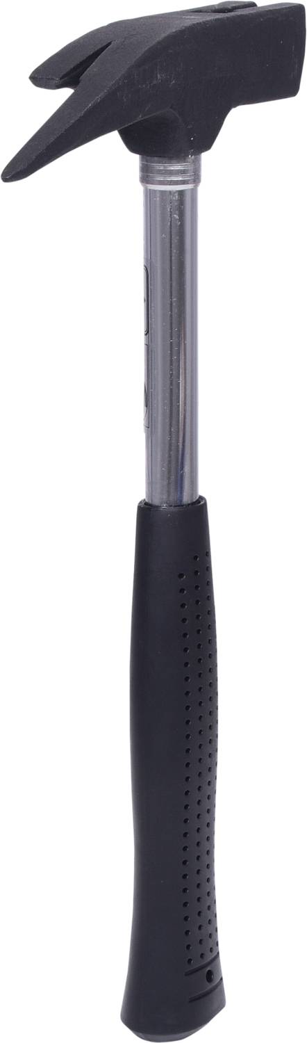 Černé kladivo s drápovým zakončením, izolované na bílém pozadí. Nástroj s ergonomickou rukojetí pro běžné stavební účely.