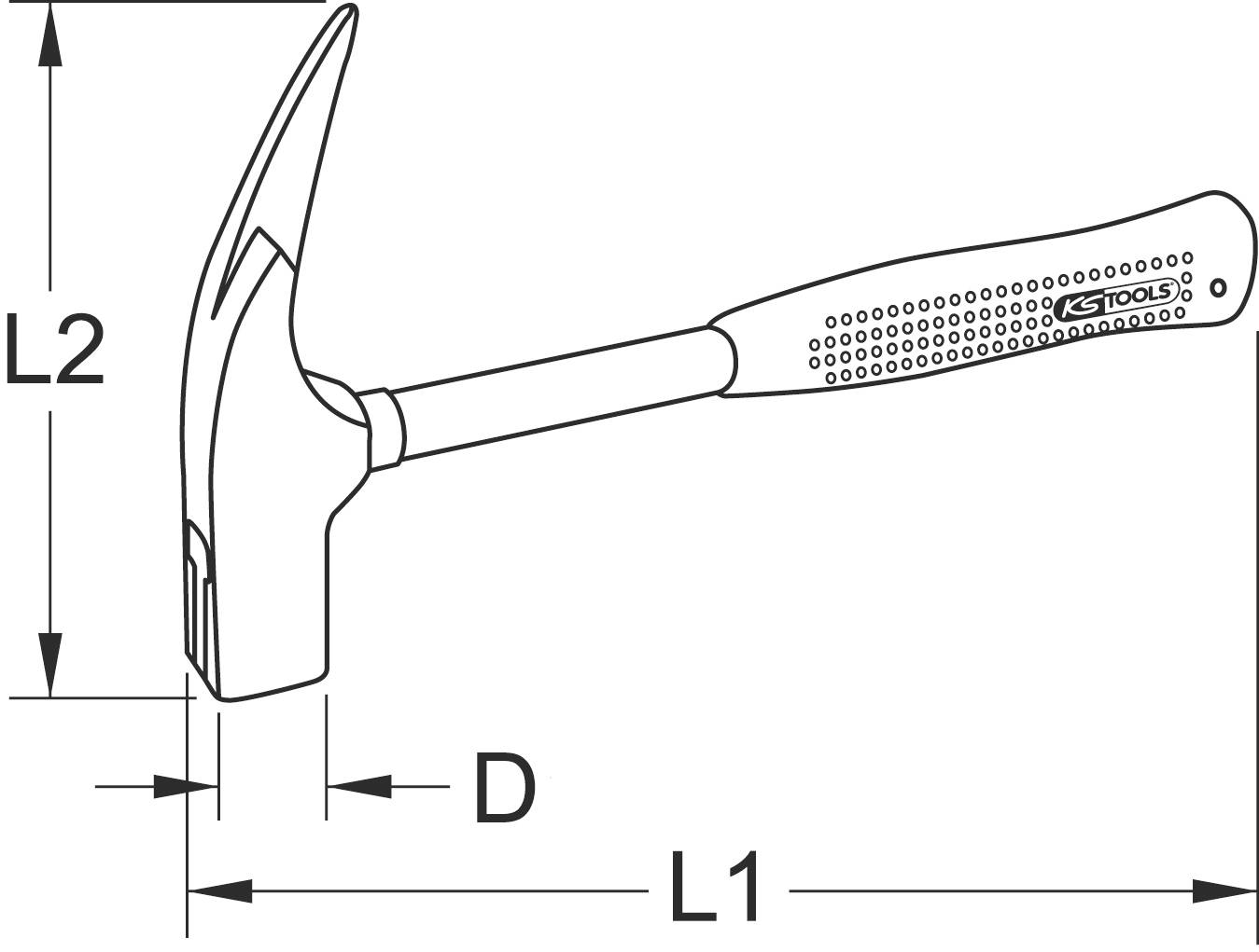 Diagram znázorňuje rozměry kladiva s dlouhou rukojetí (L1) a špičkou (L2), včetně vzdálenosti (D) ke špičce.