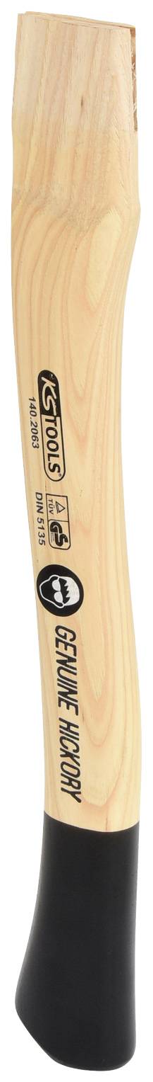Dřevěná rukojeť nástroje s logem značky a nápisem 'Kované karbonové dřevo hickory'. Tmavě zbarvený spodní konec.