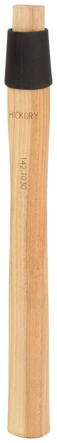 Dřevěná rukojeť kladiva z hickory s černým gumovým límcem nahoře. Rukojeť má zahnutý tvar pro lepší úchop.