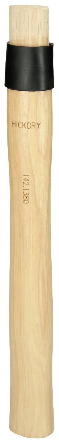 Dřevěná rukojeť kladiva s černým plastovým kroužkem a nápisem "Hickory".
