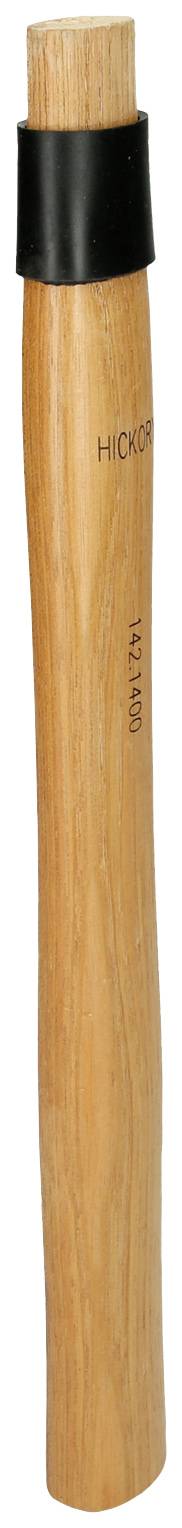 Dřevěná rukojeť kladiva s černou gumovou ochranou nahoře; na dřevě je vytištěno 'HICKORY' a '600g'.