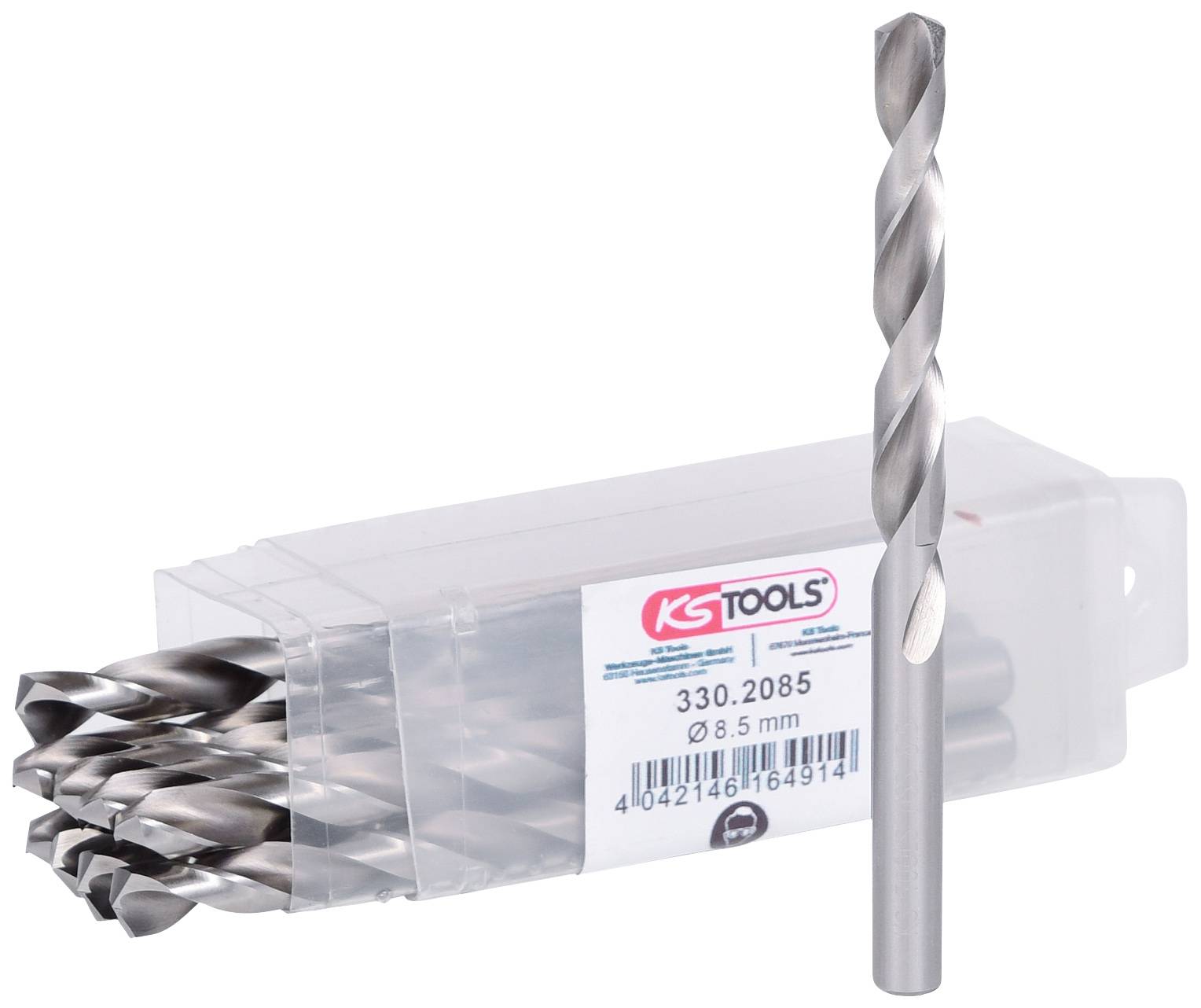 Průhledná krabice s několika stříbrnými vrtáky; jeden vrták stojí vedle kolmo. Na obalu je napsáno 'KS Tools, Ø 8,5 mm'.
