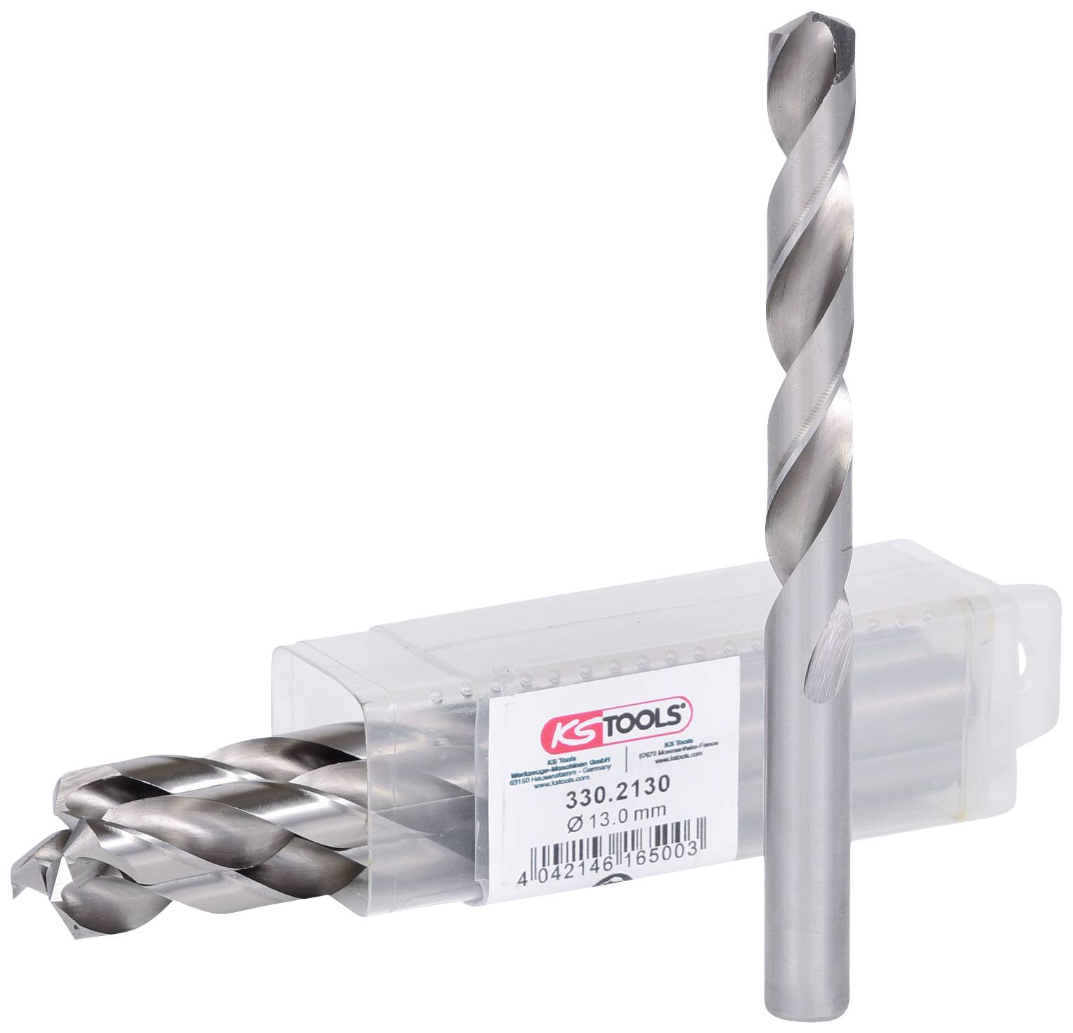 Kovový vrták a balení několika vrtáků značky 'KS Tools' o průměru 10,3 mm na bílém pozadí.