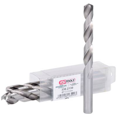 Kovový vrták a balení několika vrtáků značky 'KS Tools' o průměru 10,3 mm na bílém pozadí.
