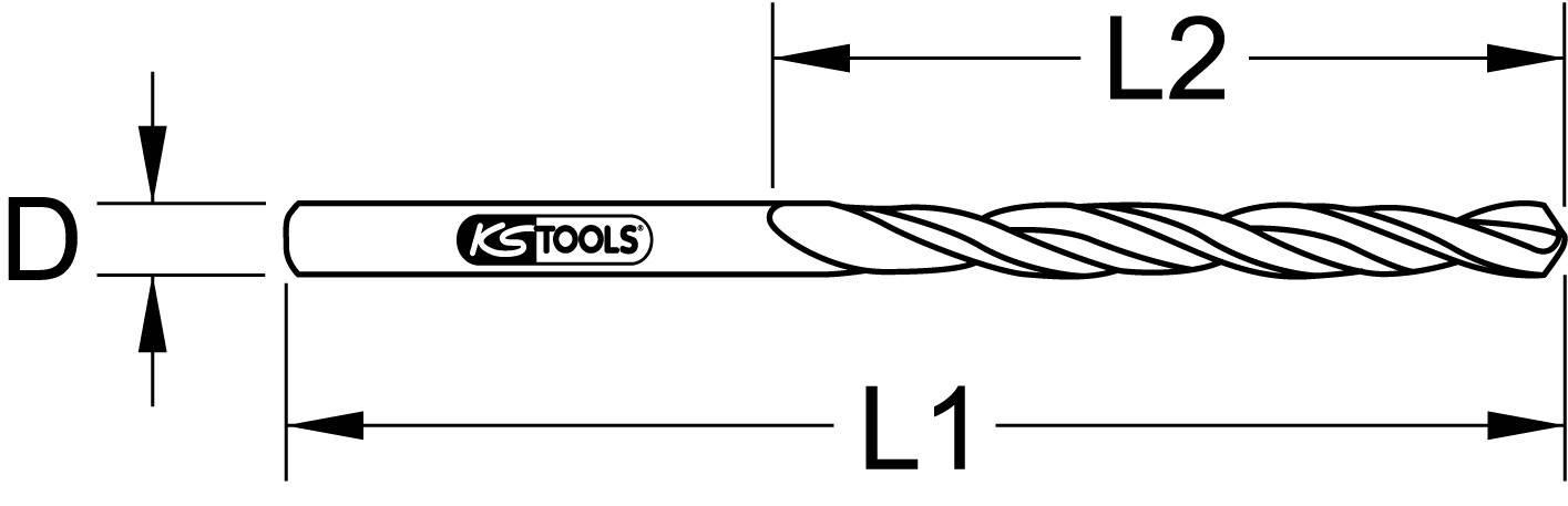 Diagram vrtáků 'KS Tools': Měřicí body zobrazené s průměrem 'D', celkovou délkou 'L1', pracovní částí 'L2'.