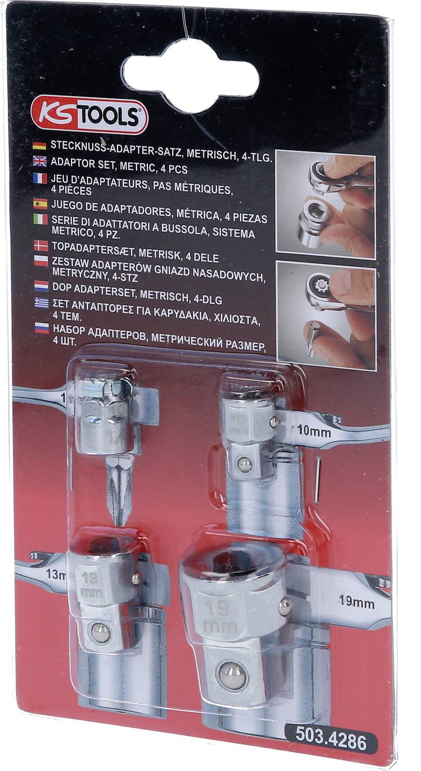 Balení obsahující sadu 4 metrických nástrčných adaptérů od KS Tools. Adaptéry jsou zobrazeny v různých velikostech.