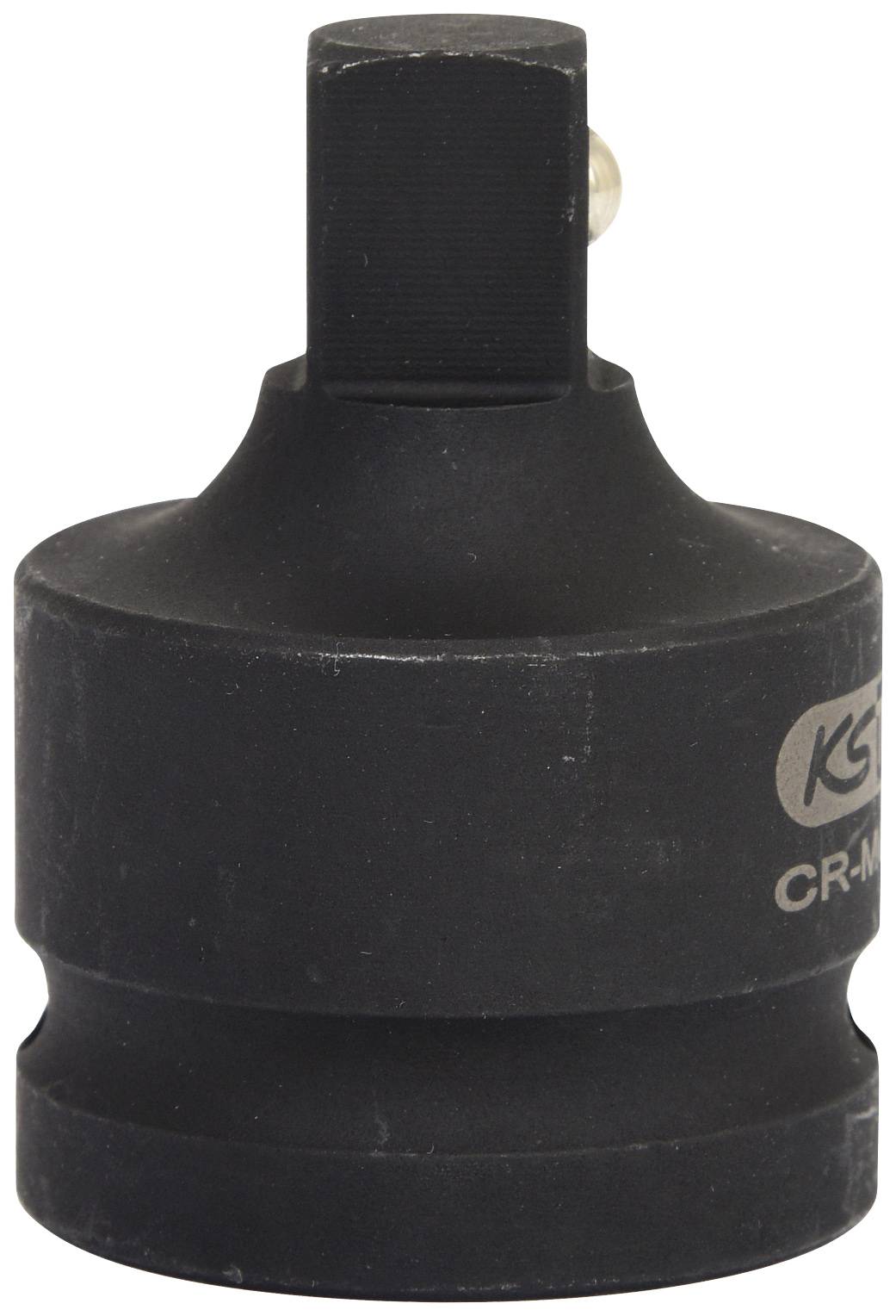 Adaptér pro nástrčné klíče, černý, válcovitého tvaru, s čtvercovou hlavou s otvorem a kuličkou, určený pro propojení různých nástrojů.