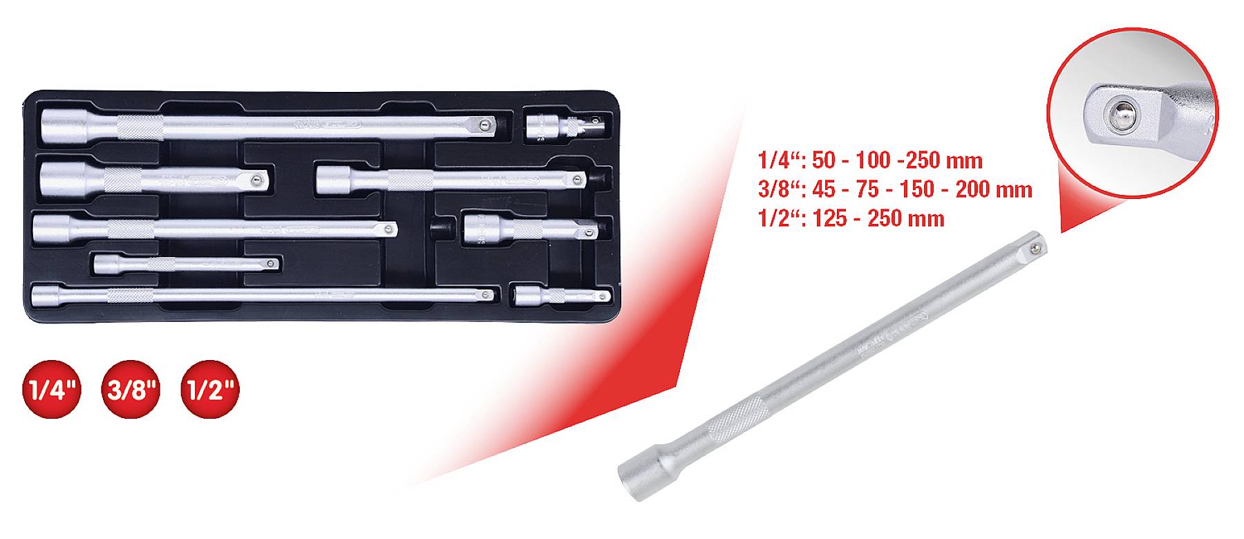 Sada nástavců na ráčnu v pouzdře; velikosti: 1/4", 3/8", 1/2". Prodlužovací nástavce: 50-250 mm, různé délky a velikosti.