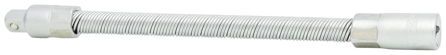 Stříbrná, flexibilní kovová pružina s koncovými krytkami, pravděpodobně součást mechanického nebo průmyslového zařízení.