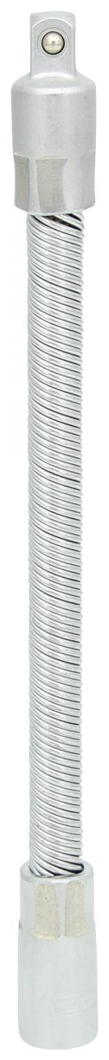 Flexibilní kovový prodlužovací díl válcovitého tvaru s rýhovaným povrchem a upevňovacími nástavci na obou koncích.