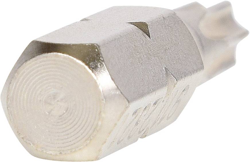Detailní záběr stříbrného šroubového nástavce s šestihrannou stopkou. Hlava má tvar Torx, vhodný pro speciální šrouby.