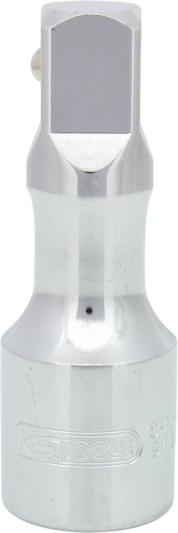 Stříbrný kovový adaptér na nářadí s šestihranným připojením nahoře a válcovou základnou.