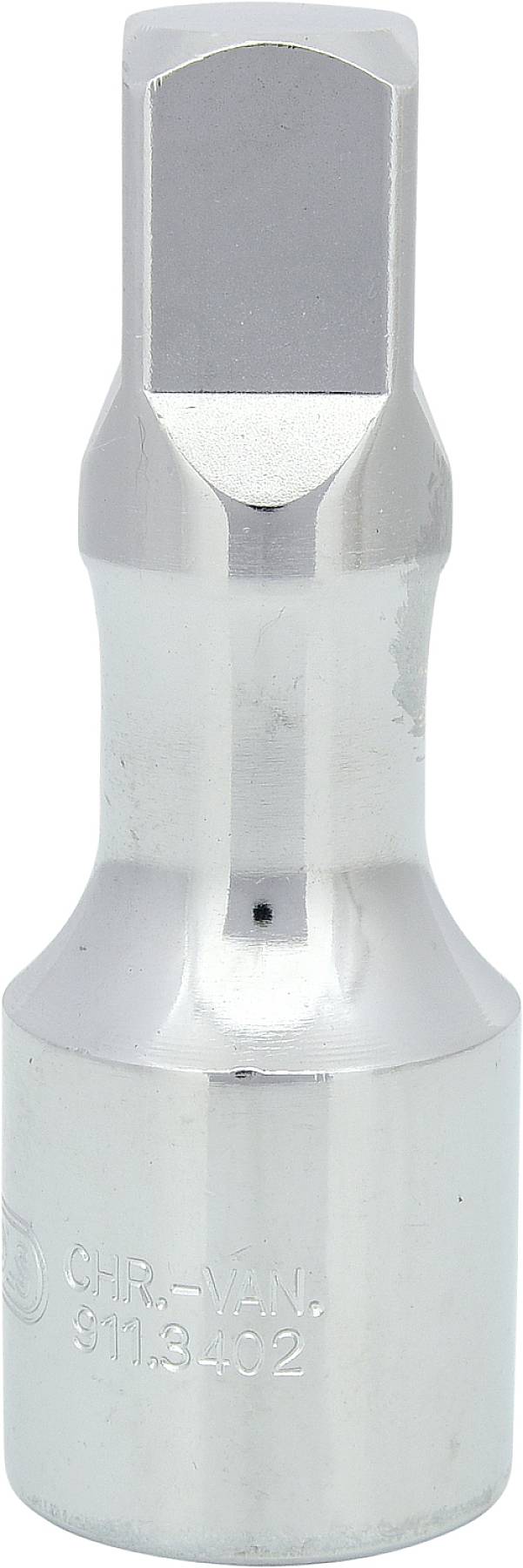 Stříbrný nástrčný klíč válcovitého tvaru, pravděpodobně určený pro montáž nebo demontáž šroubů nebo matic.