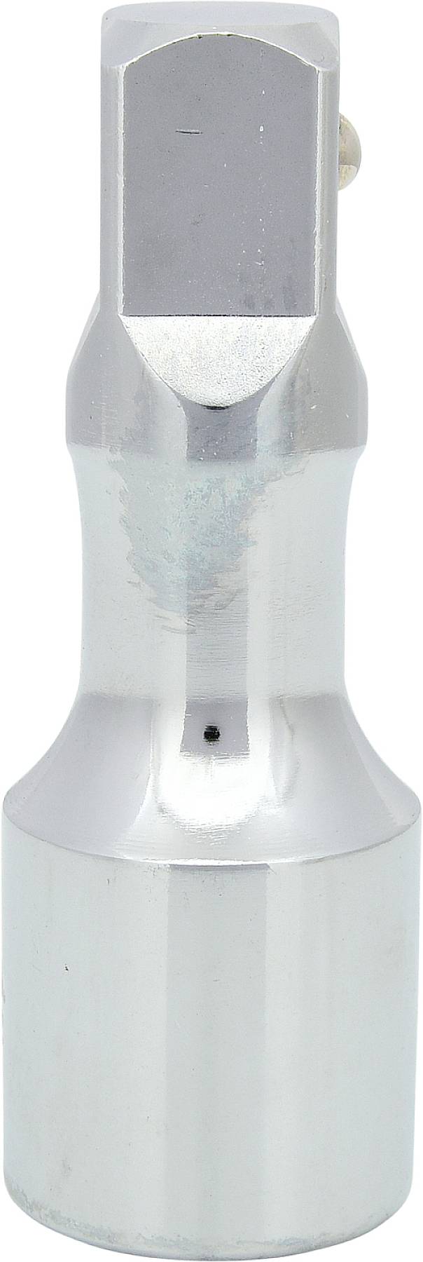 Stříbrně zbarvený kovový adaptér, pravděpodobně dílenský nástroj, s válcovým a obdélníkovým zakončením.