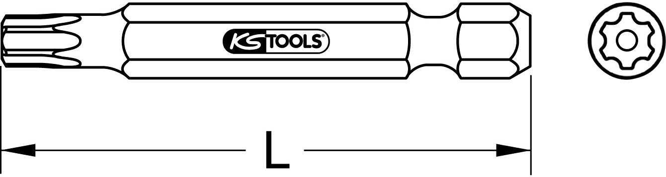 Nástroj 'KS Tools' Torx bit 1/2 palce, zobrazující pohled z boku i zepředu. Hlavní charakteristika: hvězdicovitý konec pro šrouby.