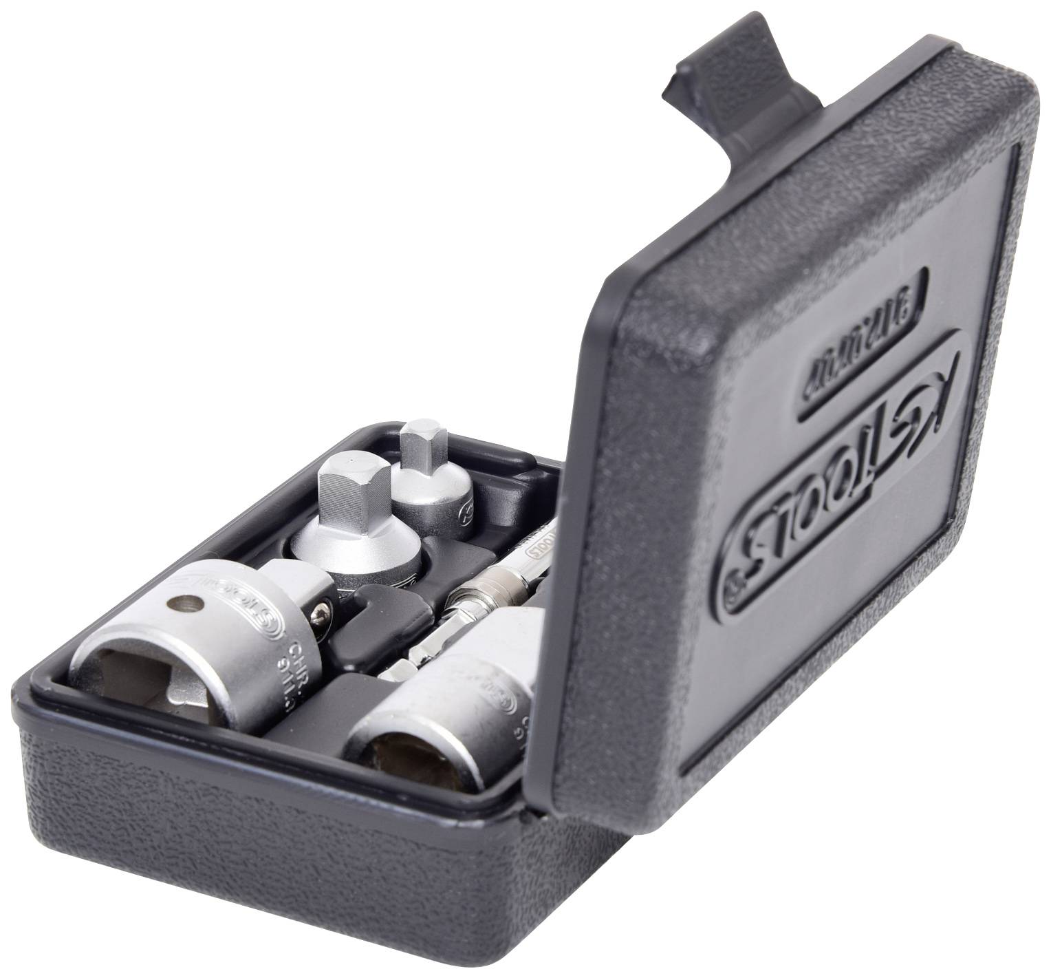Sada nástrčných klíčů KS-Tools v otevřené černé plastové krabici s různými nástavci a čtyřhrannými adaptéry.