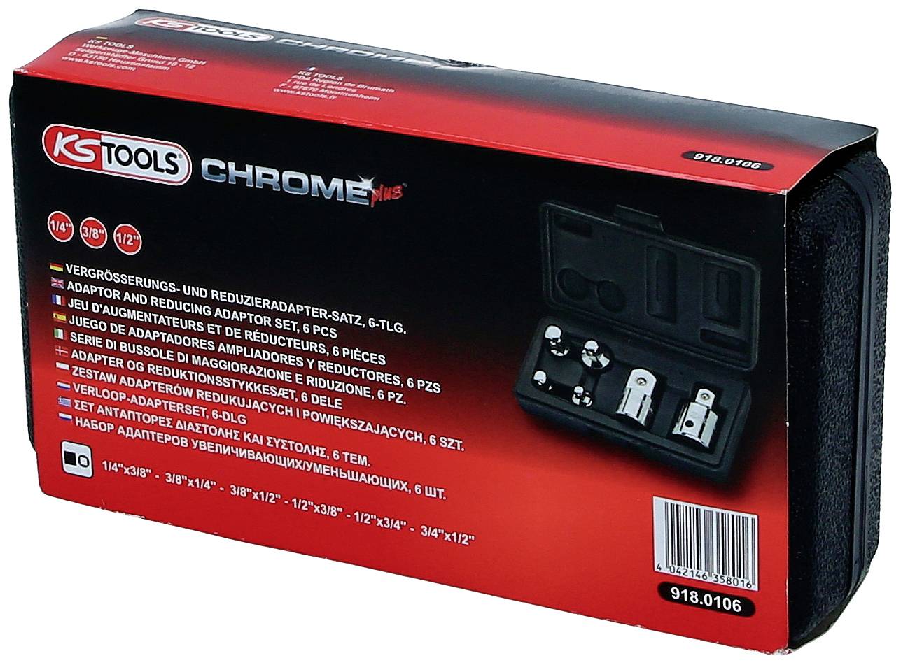 Sada adaptérů 'KS Tools Chrome', 6 dílů v černém obalu. Na zadní straně zobrazuje rozměry a obrázky produktu.